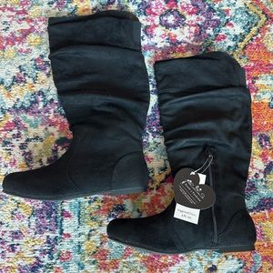 BRAND NEW WITH TAGS! BLACK SLOUCH BOOTS w/ ZIPPERS ON THE SIDE
